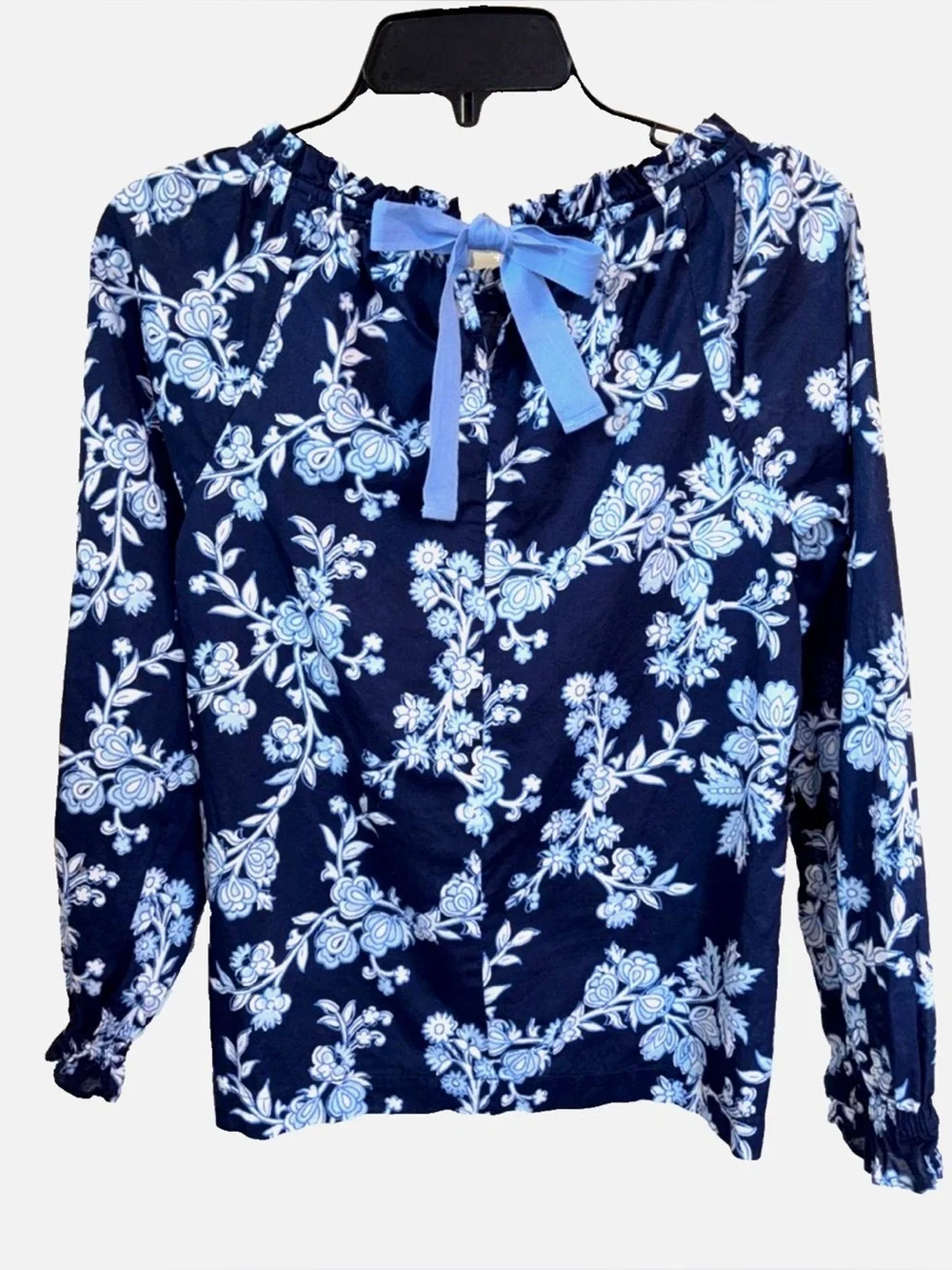 J.Crew Peasant Blouse XS Navy Blue Floral Tie Neck Boho Long Sleeve